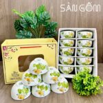 Bộ 10 bát cơm gốm sứ Bát Tràng họa tiết hoa sen xanh vàng SG-BC37