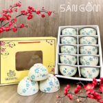 Bộ 10 bát cơm gốm sứ Bát Tràng họa tiết nhánh hoa đào xanh SG-BC49