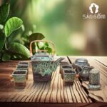 Bộ ấm chén dáng hình thang quai mây xách men xanh hỏa biến SG-AC321