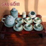 Bộ ấm chén men xanh họa tiết hoa đào trắng vẽ tay SG-AC327