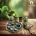 Bộ ấm chén men xanh ngọc hỏa biến hoa nở lòng chén khay tròn SG-AC316