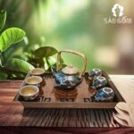 Bộ ấm trà quai xách mây họa tiết lá trúc màu nâu SG-AC313