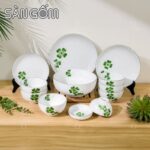 Bộ bát đĩa sứ trắng Bát Tràng 12 món họa tiết cỏ bốn lá vẽ tay SG-BD96