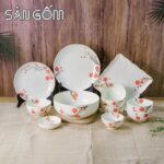 Bộ bát đĩa sứ trắng Bát Tràng 12 món họa tiết hoa đào đỏ vẽ tay SG-BD92