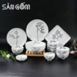 Bộ bát đĩa sứ trắng Bát Tràng 12 món họa tiết nhánh cây vẽ tay SG-BD90