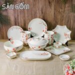 Bộ bát đĩa sứ trắng Bát Tràng 20 món họa tiết hoa đào đỏ vẽ tay SG-BD91