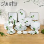 Bộ bát đĩa sứ trắng Bát Tràng 27 món họa tiết cỏ bốn lá vẽ tay SG-BD93