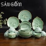 Bộ bát đĩa xanh ngọc viền nâu vẽ họa tiết đào trắng 18 món SG-BD84