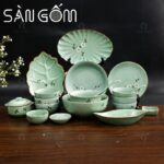 Bộ bát đĩa xanh ngọc viền nâu vẽ họa tiết đào trắng 19 món SG-BD85