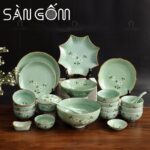 Bộ bát đĩa xanh ngọc viền nâu vẽ họa tiết đào trắng 22 món mẫu 1 SG-BD86