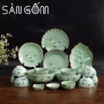 Bộ bát đĩa xanh ngọc viền nâu vẽ họa tiết đào trắng 22 món mẫu 2 SG-BD87