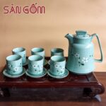 Bộ bình ly men xanh họa tiết hoa đào trắng SG-AC324