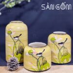 Bộ bình hoa dáng lồng chim họa tiết chim sen vẽ tay SG-LH437