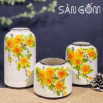Bộ bình hoa dáng lồng chim họa tiết hoa hồng cam vẽ tay SG-LH433