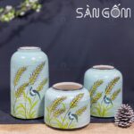Bộ bình hoa xanh dương dáng lồng chim họa tiết chim lúa SG-LH425