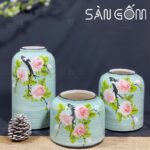 Bộ bình hoa xanh dương dáng lồng chim họa tiết hoa hồng rừng SG-LH424