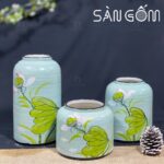 Bộ bình hoa xanh dương dáng lồng chim họa tiết hoa sen SG-LH423