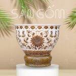 Chậu trồng sen gốm sứ Bát Tràng màu trắng nâu họa tiết dây hoa phù dung khắc nổi SG-LN29