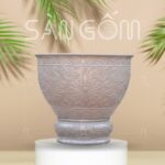 Chậu trồng sen gốm sứ Bát Tràng màu trắng ngọc họa tiết dây hoa phù dung khắc nổi SG-LN28