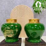 Hũ đựng trà gốm sứ dáng chóe màu xanh lá họa tiết thuận buồm xuôi gió SG-BĐT60
