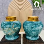 Hũ đựng trà gốm sứ dáng chóe men hỏa biến thiên xanh dương họa tiết nhánh đào SG-BĐT62