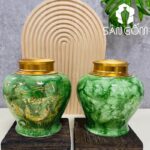 Hũ đựng trà gốm sứ dáng chóe men hỏa biến thiên xanh lá họa tiết sen hạc SG-BĐT63