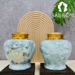 Hũ đựng trà gốm sứ dáng chóe men hỏa biến thiên xanh ngọc họa tiết hoa sen SG-BĐT64
