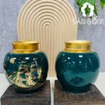 Hũ đựng trà gốm sứ dáng tròn màu xanh coban họa tiết thuận buồm xuôi gió SG-BĐT68