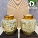 Hũ đựng trà gốm sứ dáng tròn men hỏa biến thiên nâu họa tiết hoa sen chuồn chuồn SG-BĐT70