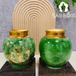 Hũ đựng trà gốm sứ dáng tròn men hỏa biến thiên xanh lá họa tiết thuận buồm xuôi gió SG-BĐT71