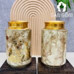 Hũ đựng trà gốm sứ dáng trụ men hỏa biến thiên nâu họa tiết thuận buồm xuôi gió SG-BĐT77