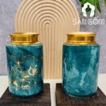 Hũ đựng trà gốm sứ dáng trụ men hỏa biến thiên xanh dương họa tiết hoa sen SG-BĐT78