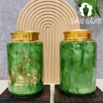 Hũ đựng trà gốm sứ dáng trụ men hỏa biến thiên xanh lá họa tiết mã đáo thành công SG-BĐT79