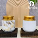 Hũ đựng trà gốm sứ dáng trụ thấp màu trắng họa tiết nhánh đào SG-BĐT82