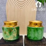 Hũ đựng trà gốm sứ dáng trụ thấp men hỏa biến thiên xanh lá họa tiết nhánh đào SG-BĐT86