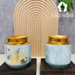 Hũ đựng trà gốm sứ dáng trụ thấp men hỏa biến thiên xanh ngọc họa tiết thuận buồm xuôi gió SG-BĐT87