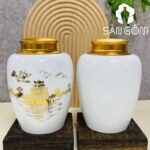 Hũ đựng trà gốm sứ dáng trụ tròn màu trắng họa tiết hồ gươm SG-BĐT89