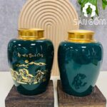 Hũ đựng trà gốm sứ dáng trụ tròn màu xanh coban họa tiết mã đáo thành công SG-BĐT90