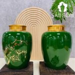 Hũ đựng trà gốm sứ dáng trụ tròn màu xanh lá họa tiết nhánh đào SG-BĐT91
