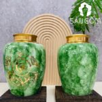 Hũ đựng trà gốm sứ dáng trụ tròn men hỏa biến thiên xanh lá họa tiết chữ Lộc SG-BĐT93