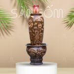 Lu chậu nước phong thủy gốm sứ Bát Tràng màu nâu họa tiết sen chép SG-LN25
