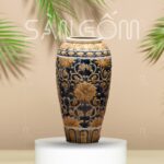 Lu nước phong thủy gốm sứ màu xanh coban họa tiết dây hoa phù dung khắc nổi SG-LN16