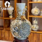 Tỏi bình họa tiết công đào vẽ vàng men rạn Bát Tràng SG-LT20