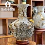 Tỏi bình miệng loe họa tiết công đào vẽ vàng men rạn Bát Tràng SG-LT19