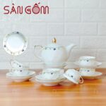 Bộ ấm chén sứ trắng kẻ chỉ vàng họa tiết dây hoa chạy viền SG-AC335
