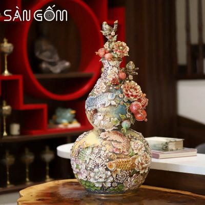 Bình hồ lô kim long ngàn hoa vân mây đắp nổi vẽ vàng SG-HL22