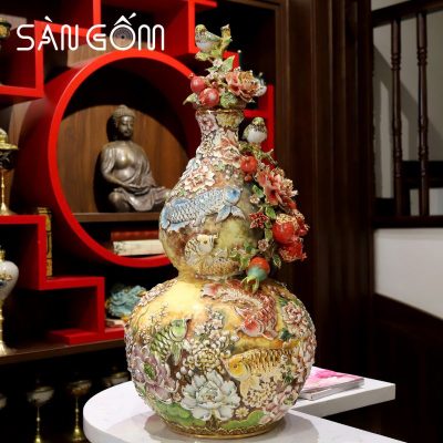 Bình hồ lô họa tiết cá rồng ngàn hoa men loang vàng đắp nổi SG-HL21