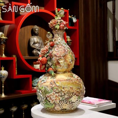 Bình hồ lô họa tiết cá rồng ngàn hoa men loang vàng đắp nổi SG-HL21