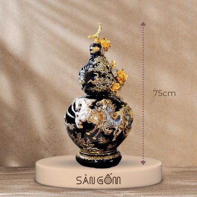 Bình hồ lô họa tiết mã đáo thành công men đen đắp nổi vẽ vàng SG-HL15