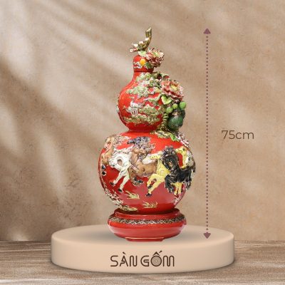 Hồ lô mã đáo thành công men đỏ đắp nổi vẽ vàng SG-HL12